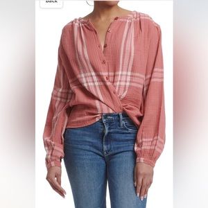 NWT Splendid Women’s Elodie Long Sleeve‎ Shirt, Pink / Penny Stone Plaid, Large